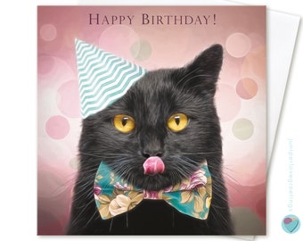 Birthday Card Boys Girls Men Women HAPPY BIRTHDAY! or PERSONALISED Option Any Age Name Relation Occasion to or from Black Cat Kitten Lover