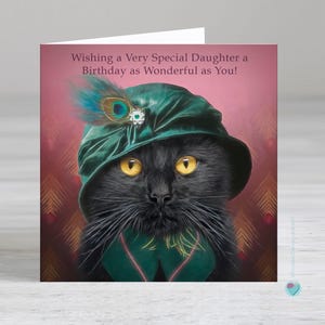Carte d'anniversaire fille - carte fille avec chat - cartes chat rigolotes - carte chat portant un chapeau vintage - Possibilité d'ajouter un message personnalisé à l'intérieur