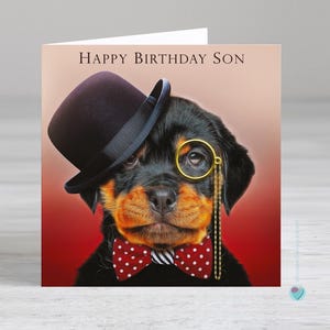 息子の誕生日カード - ロットワイラー犬のカード - 犬好きの人から息子への誕生日おめでとう - このカードの中に個人的なメッセージを追加するオプション