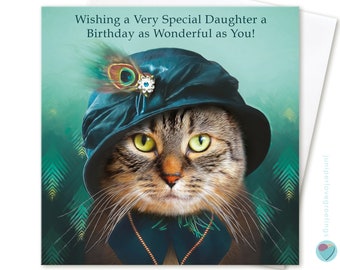 Daughter birthday card for girls her women ladies Vintage Cloche Hat to from Tabby Cat Kitten Lover by Juniperlove Greetings