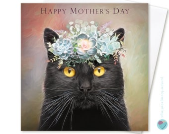 Mother's Day card for her Mum Mom Mam Wife Girlfriend Gran Nan HAPPY MOTHERS DAY to or from Black Cat Kitten Lover by Juniperlove Greetings