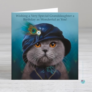 Granddaughter birthday card child or adult - british blue cat lover - Option to add a personalised printed message verse inside