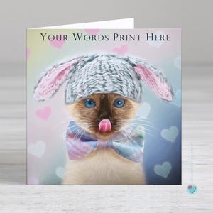 Carte de voeux chaton siamois - carte d'anniversaire personnalisée - oreilles de lapin printemps pâques merci rétablissement saint valentin noël