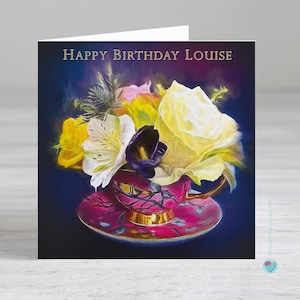 Carte d'anniversaire personnalisée pour femme - carte d'anniversaire à un ami spécial - carte florale pour les amateurs de thé - carte d'anniversaire de luxe dorée