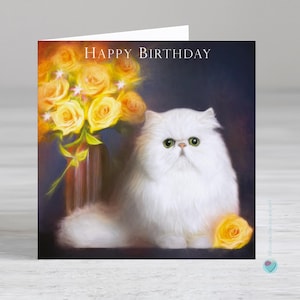 Cat happy Birthday card for women girls men - fluffy white cat with yellow roses card - Persian cat breed birthday card - made in uk