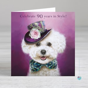 Carte du 90e anniversaire femme ou homme - En option, ajoutez un verset imprimé personnalisé à l'intérieur de cette carte à destination ou en provenance d'un amoureux des chiens bichons frisés