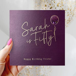 50th birthday card: Personalised Name, Relation, Gold foil, Purple, Glitter and Gems Balloon