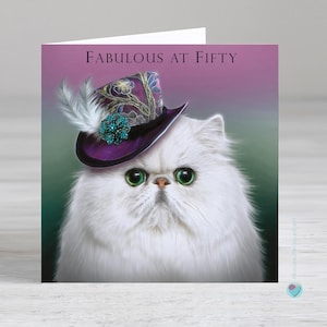 Carte du 50e anniversaire à un amoureux des chats - carte pour femme de 50 ans - fabuleuse carte à cinquante ans - chat persan blanc portant un chapeau avec des pierres précieuses décoratives scintillantes