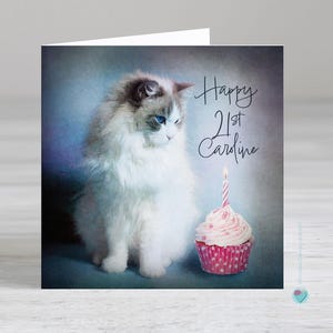 Carte de 21 ans pour un amoureux des chats - carte de 21 ans personnalisée - cadeau de 21 ans chat ragdoll - Happy 21st + nom