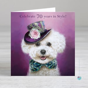 Carte d'anniversaire pour le 70e anniversaire d'une femme ou d'un homme - Célébrez vos 70 ans avec style - Bichon frisé pour les amoureux des chiens - Possibilité d'ajouter un message imprimé personnalisé