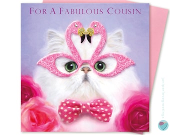 Cousin birthday card for girls women lady White Persian Cat wearing pink flamingo glasses to or from any Chinchilla cat lover