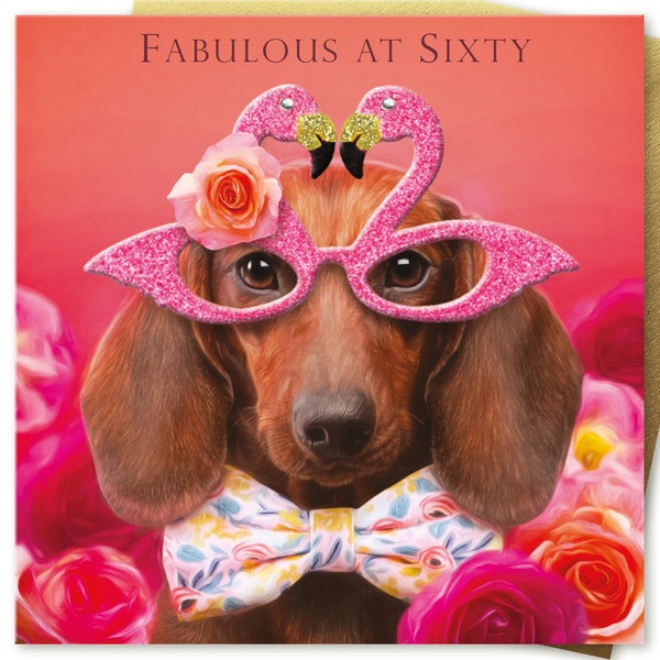 60th Birthday Card women men FABULOUS AT SIXTY or Personalised Option Sister friend Aunt Nanny Dachshund flamingo to from Sausage dog lover