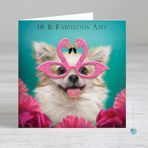 Carte personnalisée du 18e anniversaire pour femme ou homme - carte de 18e anniversaire pour elle - carte de 18e anniversaire pour amoureux des flamants roses - carte de chien chihuahua 18