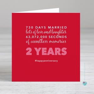 Carte d'anniversaire - 2e anniversaire de mariage - Possibilité d'ajouter un message ou un verset imprimé personnalisé à l'intérieur de cette carte