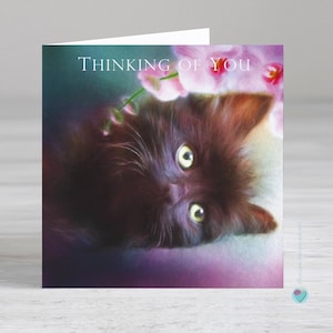 あなたのことを考えているカード - ペットロスカード - 黒猫の子猫好きの方への、または黒猫の子猫好きの方からのカード - オプションで、ご自身の印刷したメッセージや詩を中に追加できます
