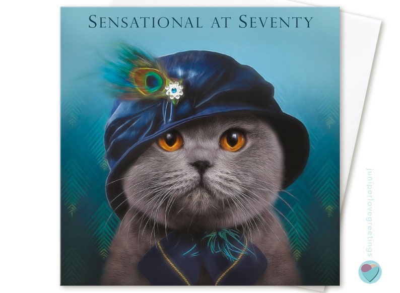 70th birthday card women men SENSATIONAL AT SEVENTY mum dad sister brother daughter grandmother to or from British Shorthair Blue Cat lover image 1
