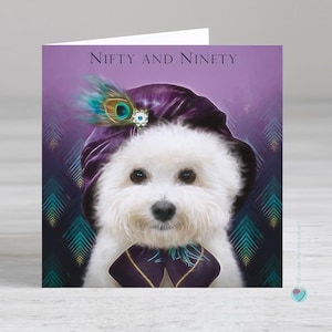 Carte d'anniversaire des 90 ans pour femme - Nifty and Ninety - carte d'anniversaire de 90 ans avec un chien blanc - pour une amie, une bonne, une épouse, une grand-mère, une belle-sœur, une tante, un cousin