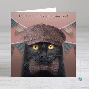 義理の息子の誕生日カード - 黒猫好きの人へ、または黒猫好きの人から - スタイリッシュにお祝いする義理の息子 - 内側にパーソナライズされた印刷メッセージを追加するオプション