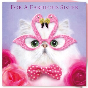 Sister birthday card for girls women for a FABULOUS SISTER Persian Cat wearing pink flamingo glasses to or from any Chinchilla cat lover