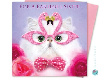 Sister birthday card for girls women for a FABULOUS SISTER Persian Cat wearing pink flamingo glasses to or from any Chinchilla cat lover