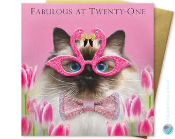 21st birthday card for girls niece sister friend cousin daughter granddaughter goddaughter cat flamingo tulips FABULOUS AT TWENTYONE