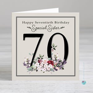 Carte du 70e anniversaire d'une soeur spéciale - Personnalisez l'intérieur en option avec votre propre message ou verset spécial - Salutations Juniperlove