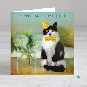 Carte d'anniversaire chat personnalisée pour lui - carte chat smoking - carte chat maman - carte chat papa - chat noir et blanc avec chapeau de fête