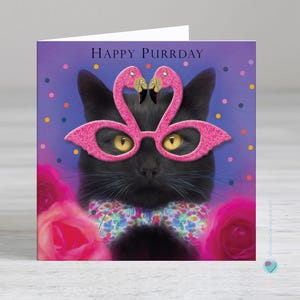 Carte d'anniversaire chat pour fille - carte d'anniversaire pour femme - carte pour amoureux des flamants roses - Happy Purrday - Une option personnalisée est disponible. Voir toutes les images