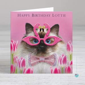 Personalised birthday card to a female or male - cat lovers birthday card - flamingo birthday card - girls birthday cards - Birman cat cards