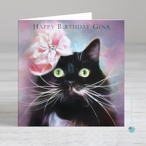 Carte d'anniversaire chat - carte d'anniversaire personnalisée pour filles - carte chat smoking - carte chat noir et blanc - carte d'anniversaire chat avec un chapeau