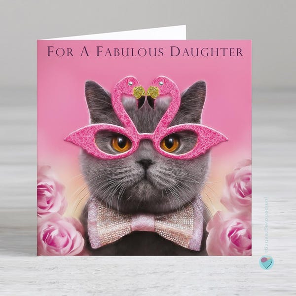 Tarjeta de cumpleaños para hija - Tarjeta de cumpleaños con flamenco y gato - Para una hija fabulosa - Tarjeta de felicitaciones para hija - Tarjeta divertida de gato para hija