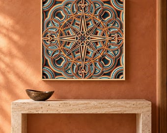 Astrolabe Compass Mandala Wood Wall Sculpture, Multilayer Nautical Style Intricate Detail, Vintage Office Decor