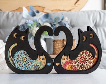 Love Cats Mini Tabletop Decor, Customizable Laser Cut Ornament, Wood Figurine, Valentine's Day gift