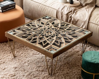 STEREOWOOD Handcrafted 3D Carved Modern Coffee Table, Glass Top Coffee Table，Unique Artisan Wooden Furniture, Mandala Laser Cut Design