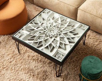 STEREOWOOD Handcrafted 3D Carved Modern Coffee Table, Glass Top Coffee Table，Unique Artisan Wooden Furniture, Mandala Laser Cut Design,