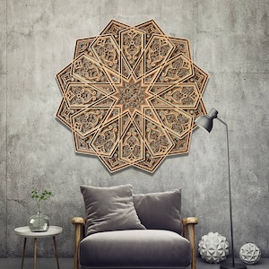 STEREOWOOD  Dawn Star Multi-Layer Wall Art, Large Geometric Wood Wall Art, Mandala Laser Cut, 3D Wood Wall Art, Laser Cut Arts and Crafts