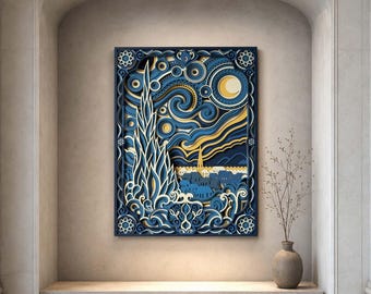 Large Layered Wood Wall Art, Blue and Gold Celestial Sculpture, Van Gogh Inspired