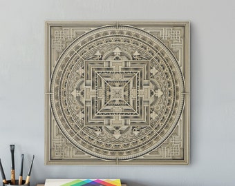 May include: A square wall art piece featuring a complex, layered mandala design in shades of beige, cream, and dark gray. The artwork displays intricate geometric patterns, concentric circles, and architectural lines in a symmetrical layout.