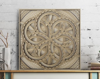 Può includere: Un'opera d'arte murale quadrata con un design geometrico in tonalità di marrone e beige. Il design presenta cerchi sovrapposti e motivi intricati.