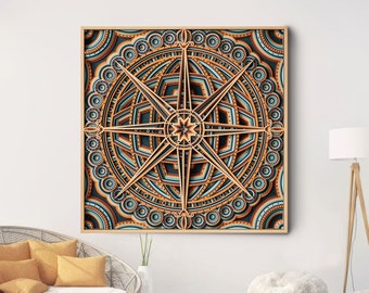 Mandala de brújula celestial de madera para colgar en la pared, tallado geométrico en capas, regalo para él