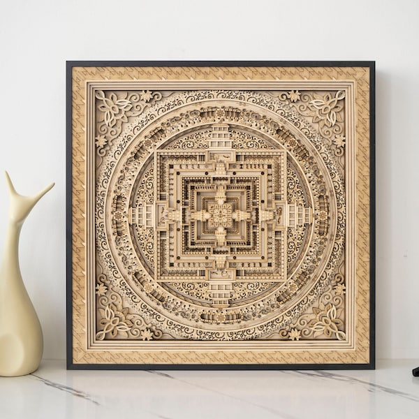 STEREOWOOD Kalachakra Mandala Mehrschichtige Wandkunst, Mandala Laser geschnitten, rustikale Holzwandkunst, 3D-Wandkunst, Mandala Svg, Holzmandala