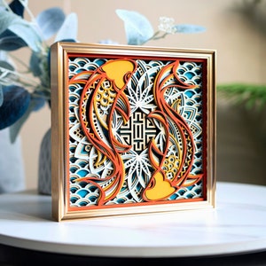 STEREOWOOD Wealth-Bringing Koi Multi-Layer Wooden Wall Art, Desktop decoration, Creative Gifts, Laser Cut Arts and Crafts，Multilayer mandala