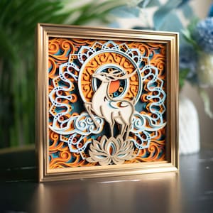 STEREOWOOD Fortune Deer Arte de pared de madera multicapa, regalo único de decoración del hogar, decoración de escritorio, obras de arte cortadas con láser, arte de pared mandala 3d imagen 1