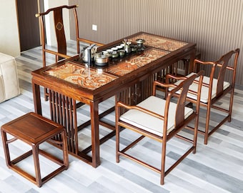 STEREOWOOD Handcrafted Koi Tea table, Dining Table,Hand Carved Table,Rustic Wooden Furniture, Unique Design,Mandala Laser cut，Customizable