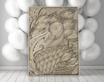 May include: A wooden wall art piece with a detailed laser cut design of a peacock. The art is surrounded by white balloons.