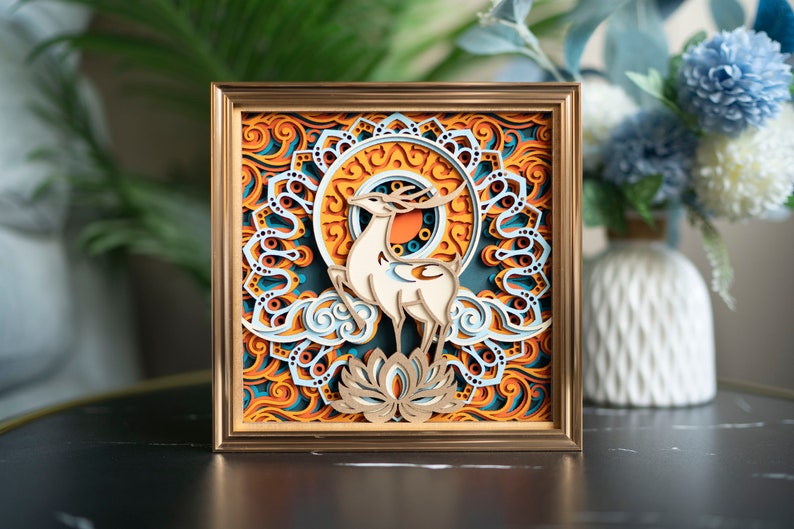 STEREOWOOD Fortune Deer Multilayer Holzwandkunst, Einzigartiges Wohndekor Geschenk, Desktopdekoration, Laser geschnittenes Kunstwerk, 3D Mandala Wandkunst Bild 2