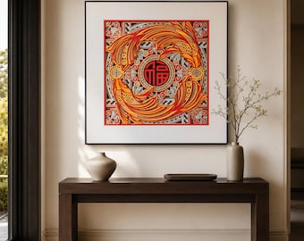 Koi Blessing Wall Art, 11-Layer Framed Wood Sculpture, Large Red Gold Good Luck Decor