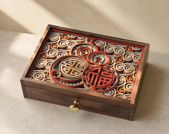 Large Solid Wood Jewelry Box with Drawer, Layered Relief, Black Walnut or African Blackwood