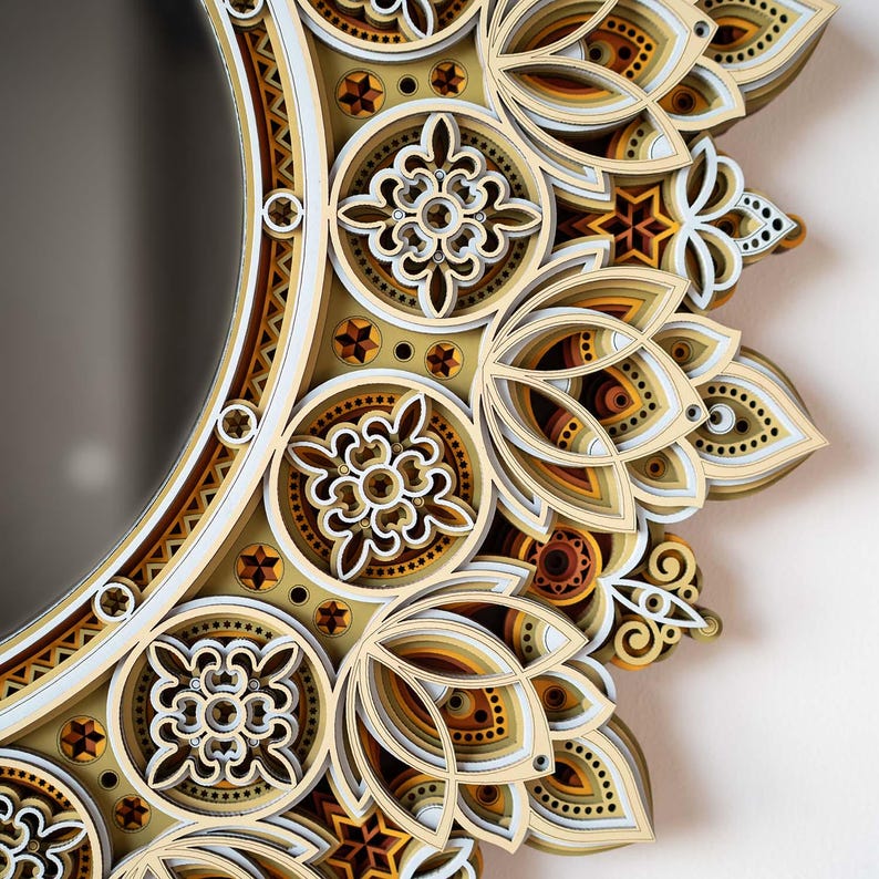 Väggspegel med blommandala, geometriskt vintage blommönster handgjord träkonst, present till henne bild 8