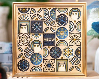 Cat and Snowflake Mini Desktop Decor, Cartoon Wood Figurine, Lase Cut Craft Ornament